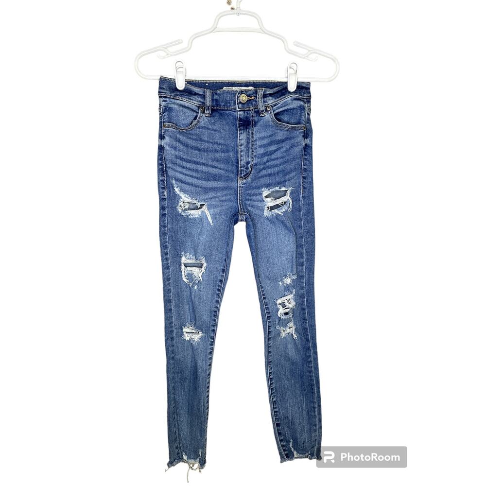 Garage Blue Jean Denim Ultra High Rise High Waisted Distressed Raw Hem Size 24